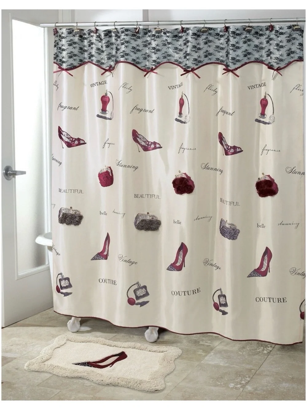 Avanti Cream and Burgundy Couture Shower Curtain